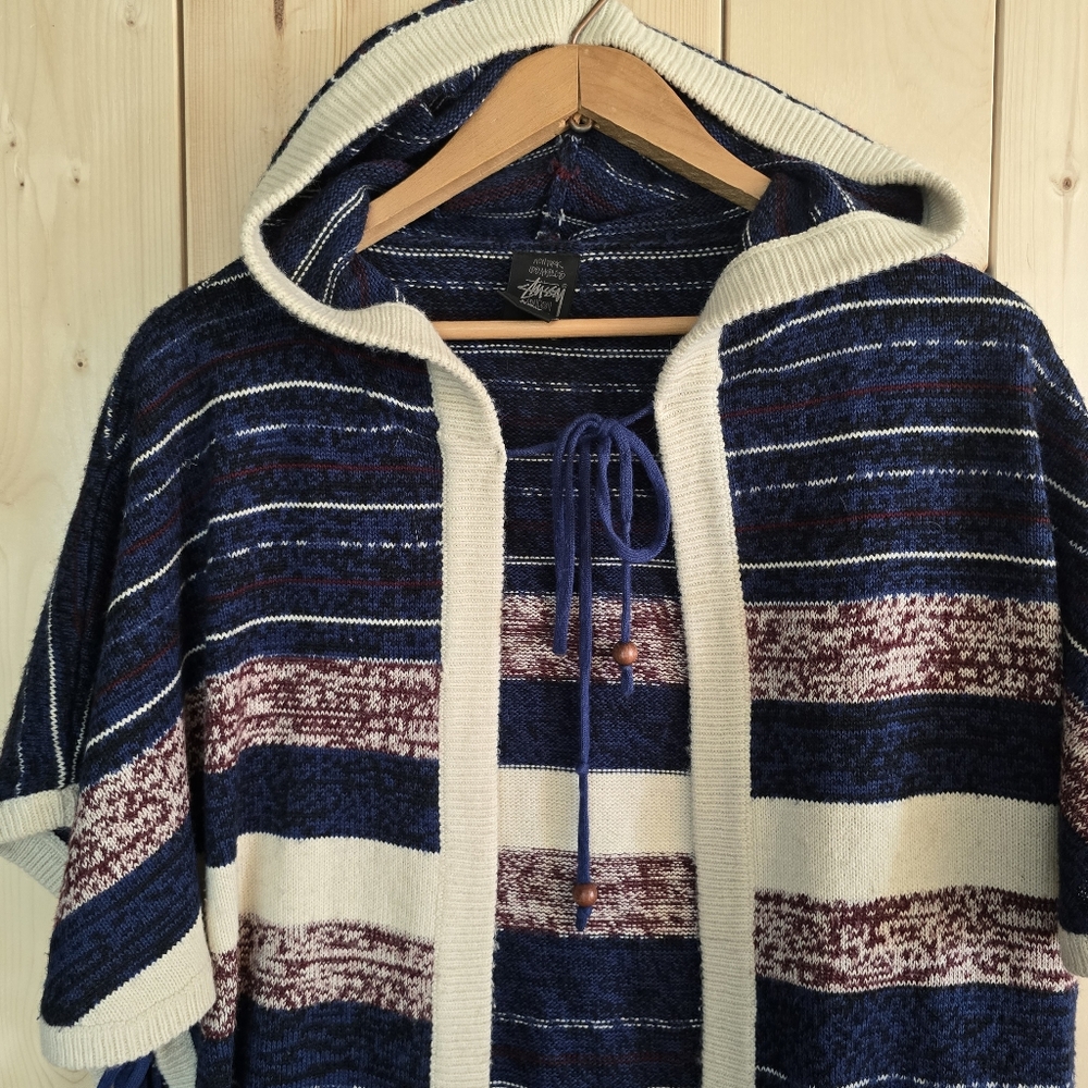 Stussy Hooded Cardigan Poncho Beaded Open Front Womens Large - Picture 2 of 13